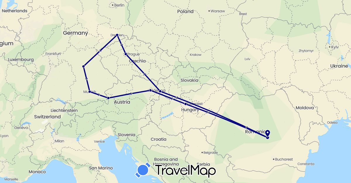 TravelMap itinerary: driving in Austria, Czech Republic, Germany, Hungary, Romania, Slovakia (Europe)